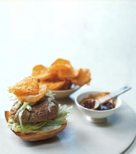 Ostrich burger with cumin seed and guava ketchup, and tempura sweet potatoes