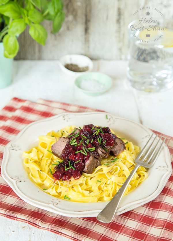 Ostrich fillets with red berry sauce & pasta