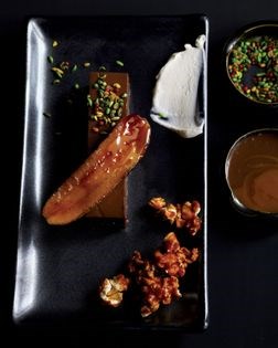 Ovaltine kulfi with caramelized banana and spiced milk chocolate sauce 