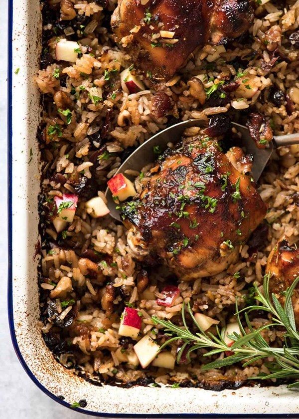 Oven baked chicken and rice pilaf (cranberry, walnut, apple)