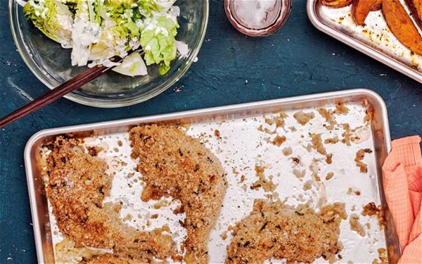 Oven-baked chicken, baby gems with buttermilk dressing