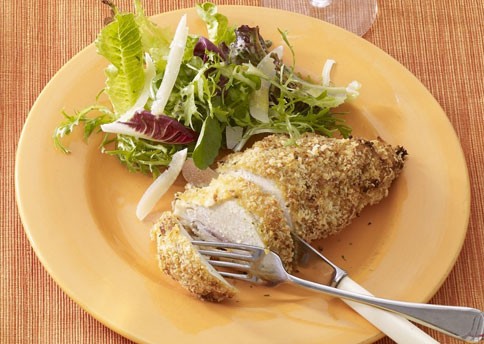 Oven-baked chicken breasts with lemon-mustard arugula salad