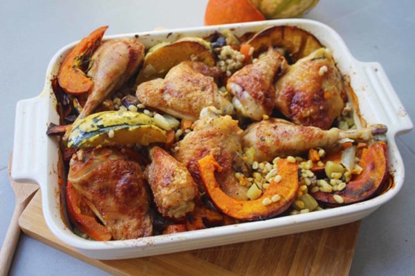 Oven-baked chicken thigh and pumpkin, barley risotto