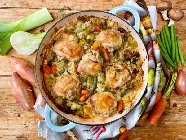 Oven-baked chicken thigh risotto