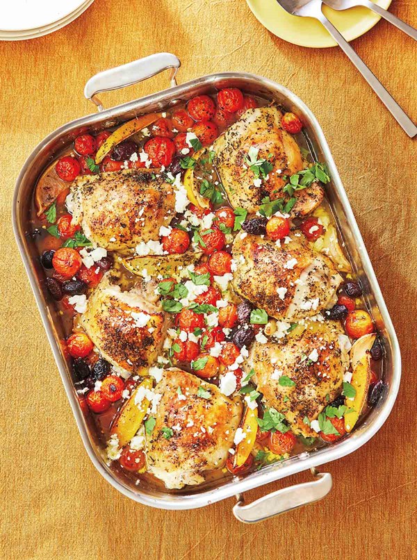 Oven baked chicken thighs with tomatoes and feta