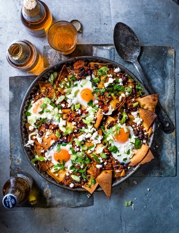 Oven-baked chilaquiles with eggs and feta