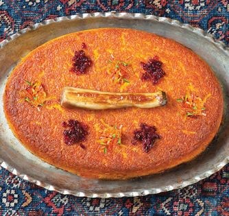 Oven-baked lamb, eggplant + barberry rice (Tachin-e Shirazi/polow qalebi)