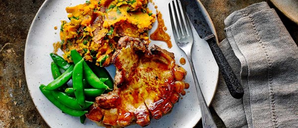 Oven-baked marmalade pork chops with sweet potato mash