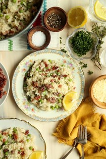 Oven-baked pea, pancetta and lemon risotto