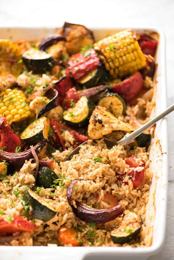 Oven baked rice and vegetables (one pan)