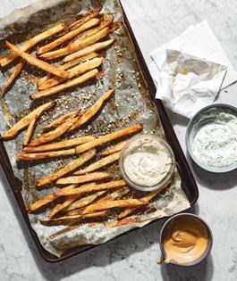 Oven-baked rosemary-Parmesan fries with three dips