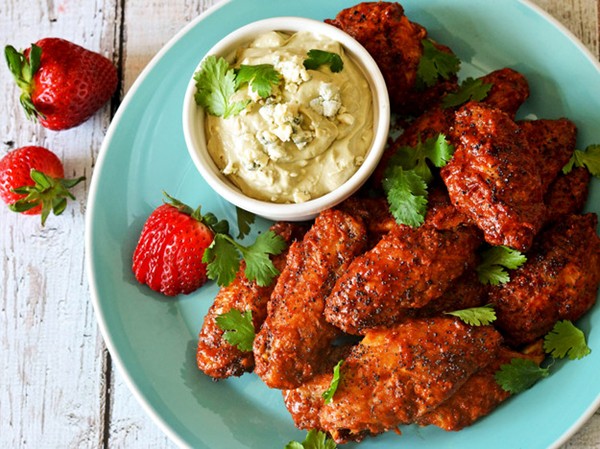 Oven-baked strawberry-chipotle wings with avocado-blue cheese dip