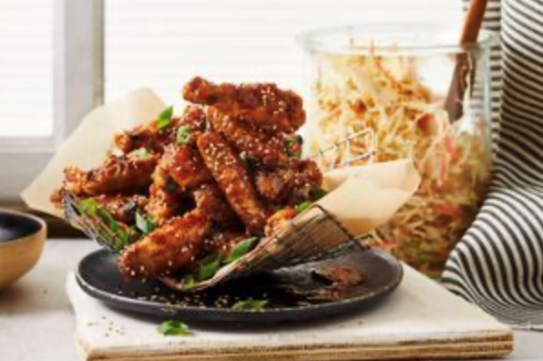 Oven-baked teriyaki chicken wings with slaw