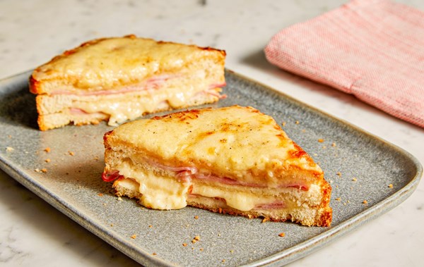 Oven-baked three-layer croque monsieur sandwiches