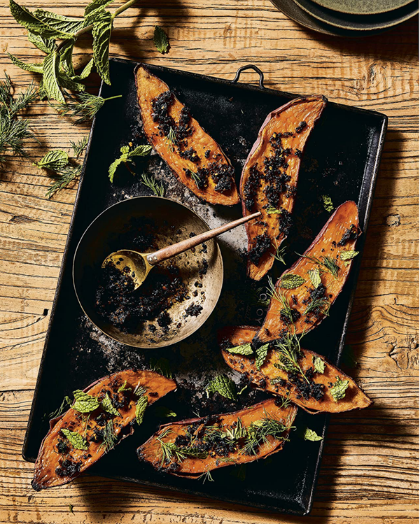 Oven-blasted sweet potatoes with sate sauce