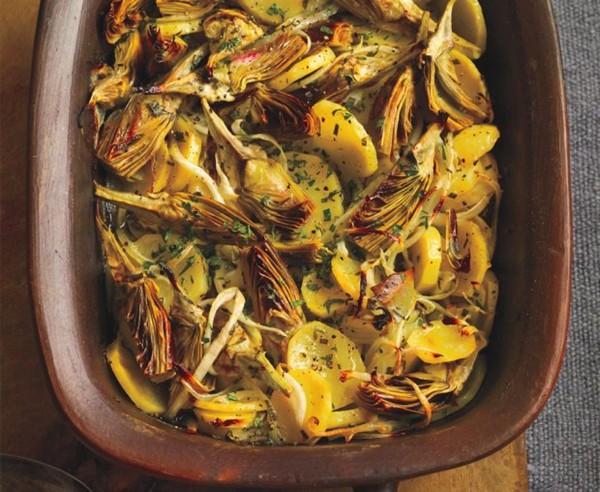 Oven-braised artichokes with potatoes and onions