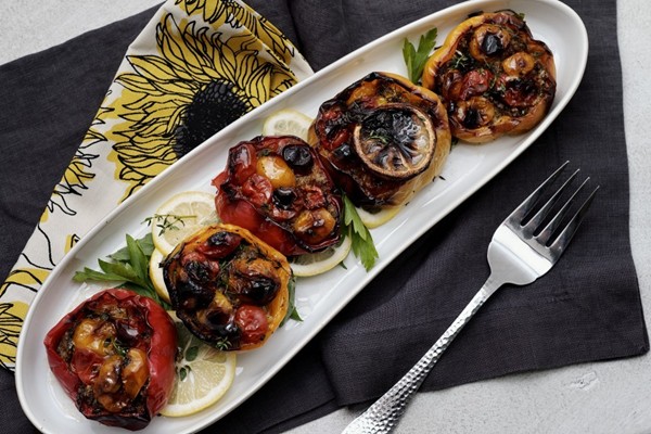 Oven-charred peppers and cherry tomatoes