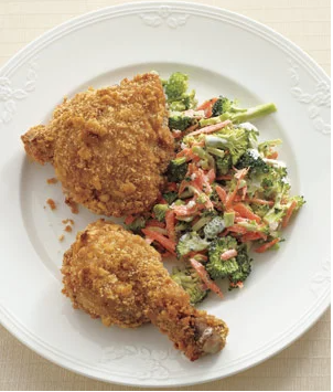 Oven-"fried" chicken with crunchy broccoli slaw