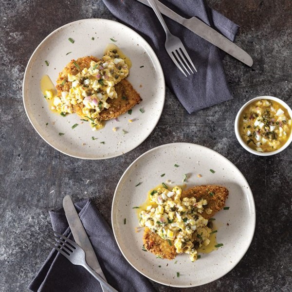 Oven-fried chicken with deviled egg sauce