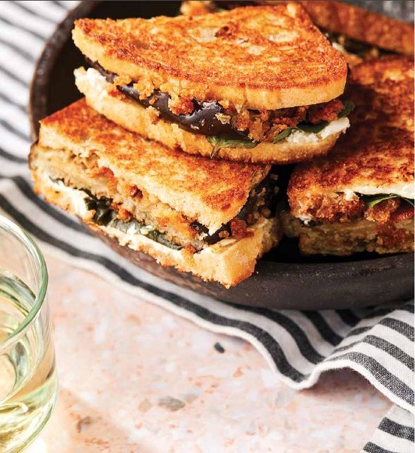 Oven-fried eggplant, goat cheese, and basil panini