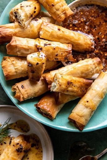 Oven fried feta rolls with chili honey