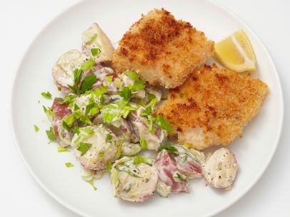 Oven-fried fish with potato salad