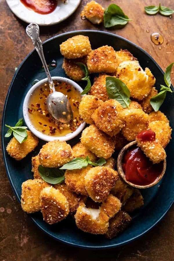 Oven fried halloumi bites with hot honey
