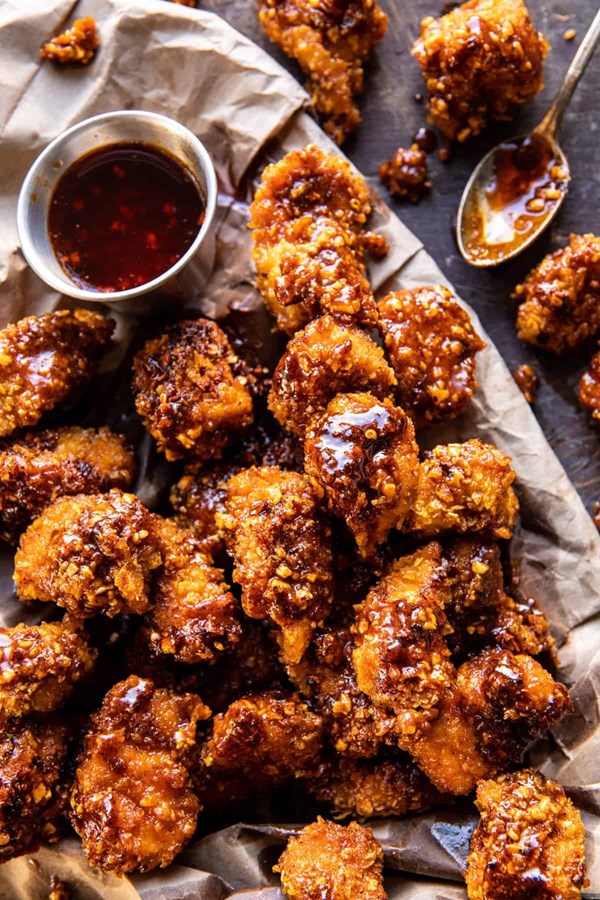 Oven fried Southern hot honey popcorn chicken