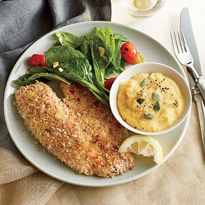 Oven-fried tilapia with cheesy polenta