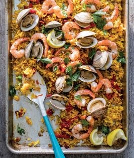 Oven paella with chorizo, clams & shrimp