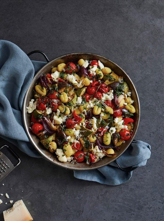 Oven-roast gnocchi with Mediterranean vegetables, goat's cheese & basil