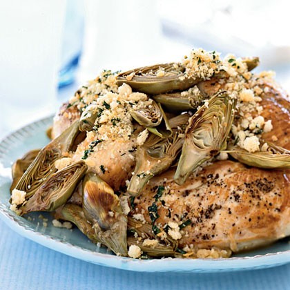 Oven roasted chicken breasts with artichokes and toasted breadcrumbs