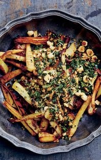 Oven-roasted parsnips with hazelnut picada