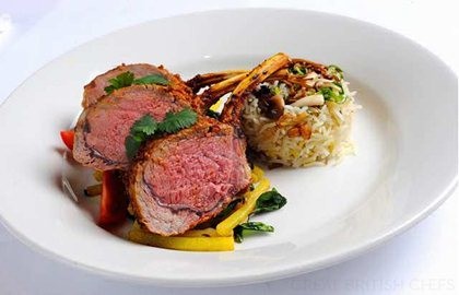 Oven roasted rack of lamb, matchstick potatoes with fenugreek leaves, wild mushroom pulao