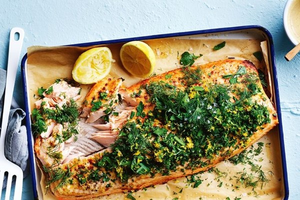 Oven roasted salmon with maple and mustard herb crust