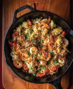Oven-roasted shrimp, cauliflower, and cherry tomatoes