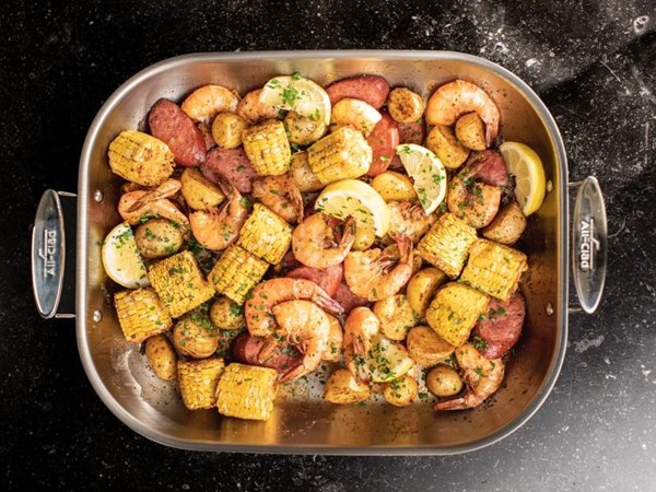 Oven-roasted Southern “shrimp boil”