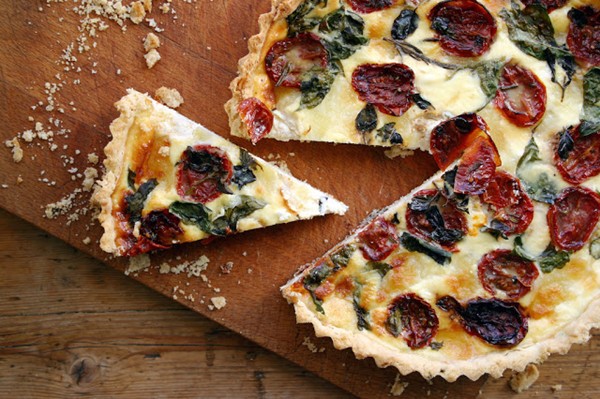Oven roasted tomato, basil and mozzarella quiche with gluten-free pastry