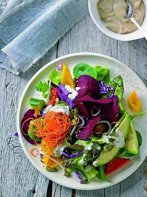 Over the rainbow salad with tahini and lemon dressing