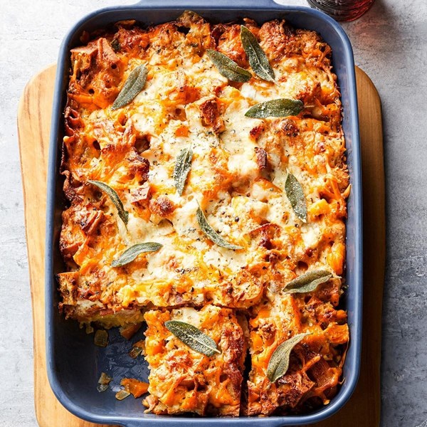 Overnight butternut bacon strata