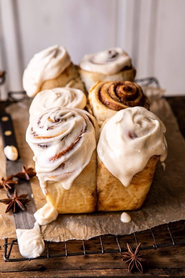 Overnight cinnamon roll bread with chai frosting