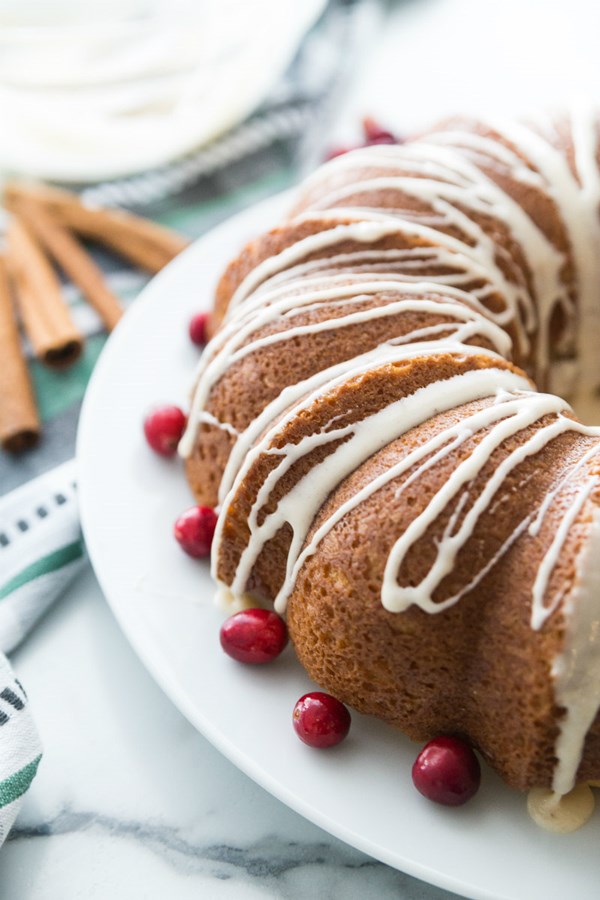 Overnight eggnog coffee cake with nog glaze
