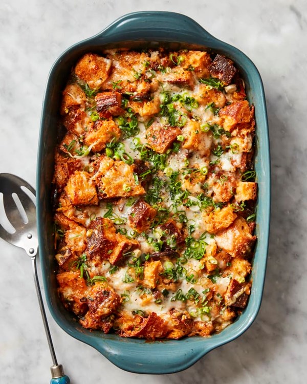 Overnight merguez and mushroom strata