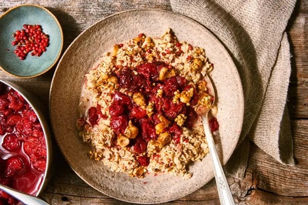 Overnight oats with cherry compote & hazelnut brittle