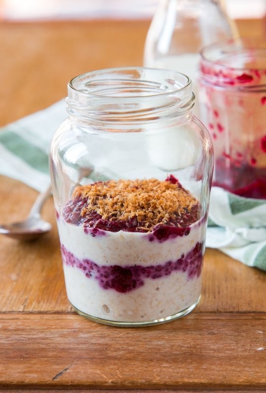 Overnight oats with jam & toasted coconut