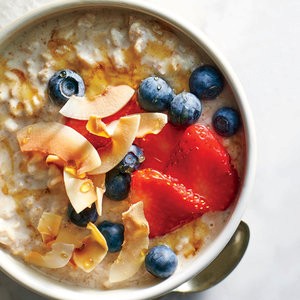 Overnight oats with kefir, berries, and toasted coconut