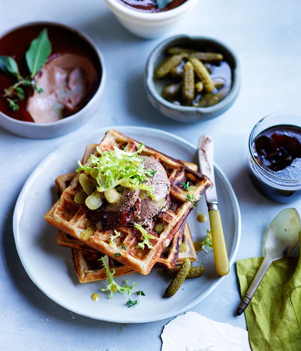Overnight rye waffles with pâté , Port jelly and cornichons