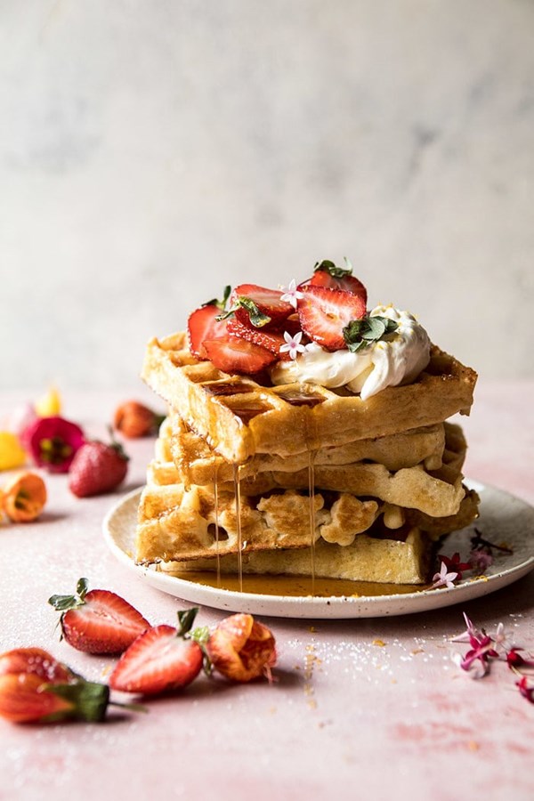 Overnight waffles with whipped Meyer lemon cream and strawberries