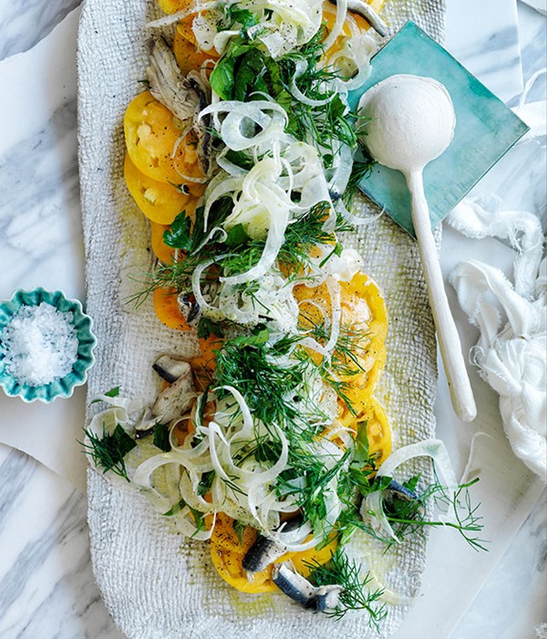 Oxheart tomato and fennel salad with pickled anchovies