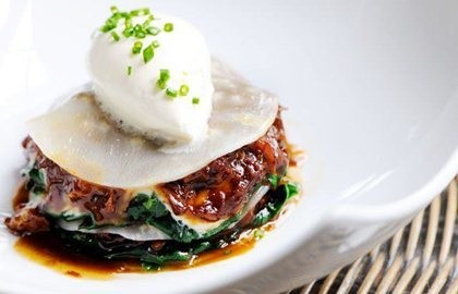 Oxtail and celeriac 'lasagne' with baby spinach and horseradish cream